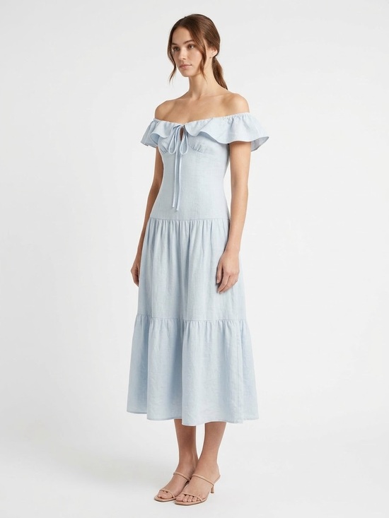 Sabo Skirt Dresses & Skirts - SABO SKIRT Light Blue Cotton Ruffle Off Shoulder Midi Dress Small